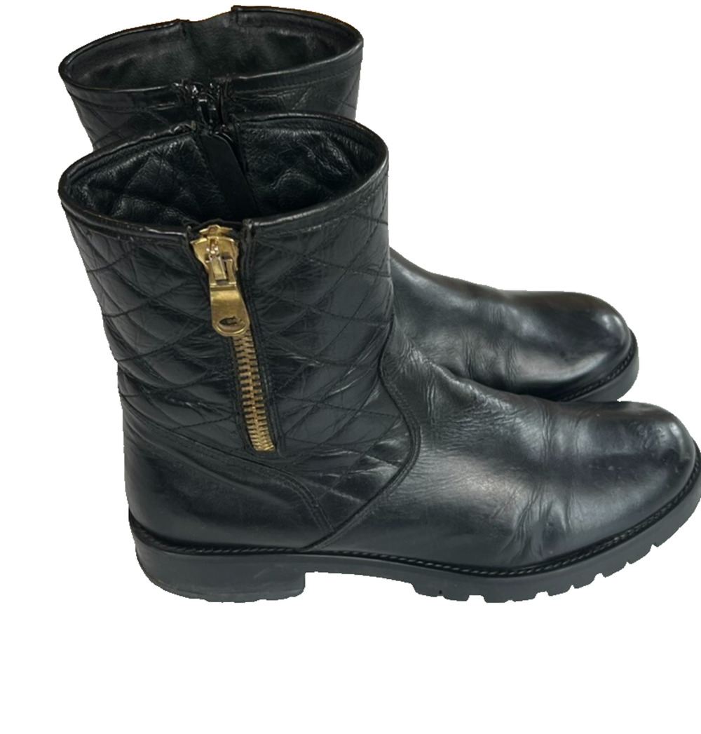 Unbranded Boots Women's 40 Black Leather Quilted Half Zip Mid Calf 1 Inch Heel
